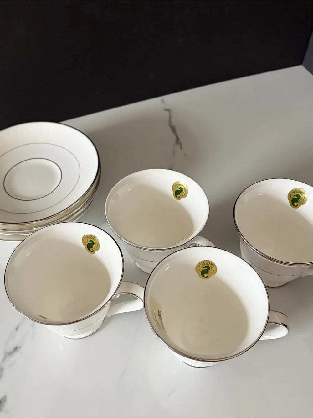 SET of 4 Lismore Platinum Cup & Saucers by Waterford